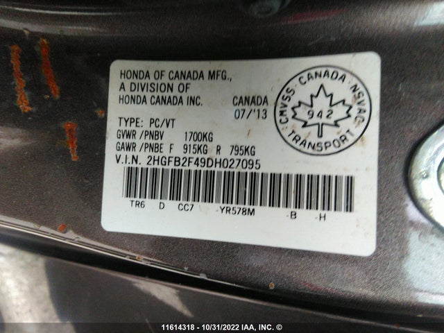 Honda Civic 2013 2HGFB2F49DH027095 Image 10