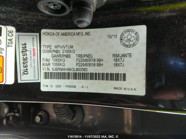 Honda Cr-v Touring 2016 5J6RM4H96GL800083 Image 9