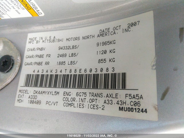 4A3AK34T88E603083 Mitsubishi Eclipse