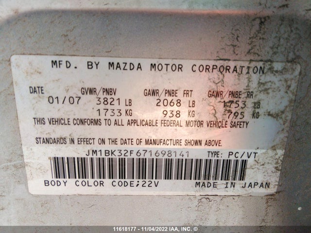 Продажа на аукционе авто 2007 Mazda 3 I, vin: JM1BK32F671698141, номер лота: 11618177