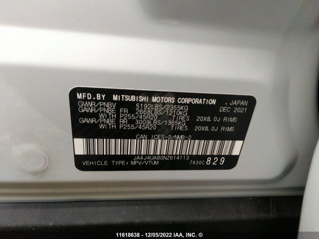 JA4J4UA80NZ614113 Mitsubishi Outlander Se/black Edition