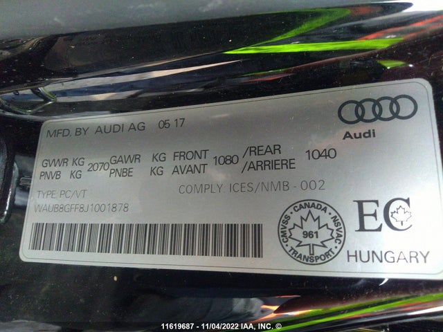 WAUB8GFF8J1001878 Audi A3 PREMIUM