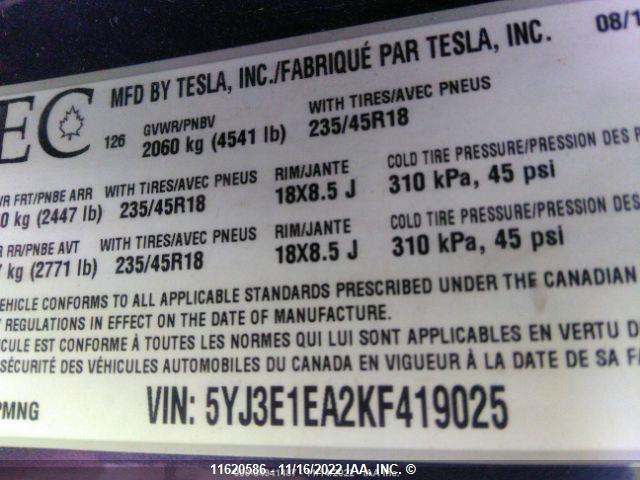 5YJ3E1EA2KF419025 Tesla MODEL 3