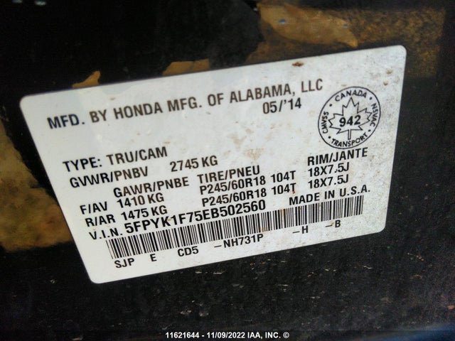 Honda Ridgeline Sport 2014 5FPYK1F75EB502560 Image 9