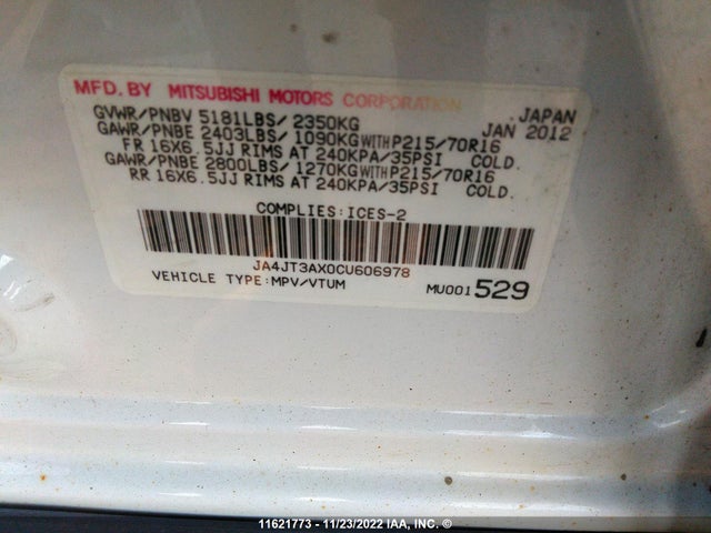 JA4JT3AX0CU606978 Mitsubishi Outlander Se