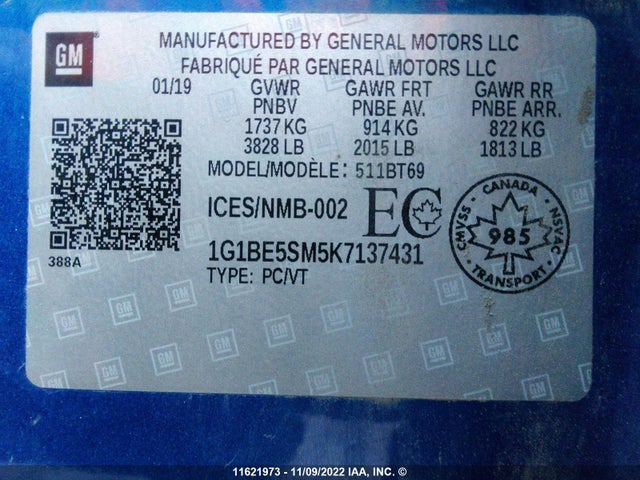 Chevrolet CRUZE LT 2019 1G1BE5SM5K7137431 Image 10