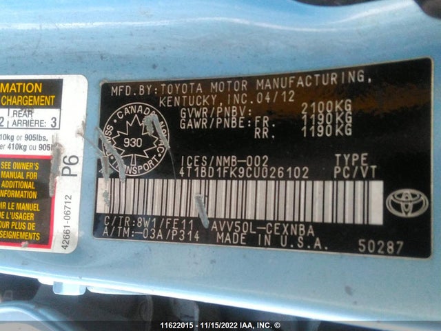 Toyota CAMRY 2012 4T1BD1FK9CU026102 Image 10