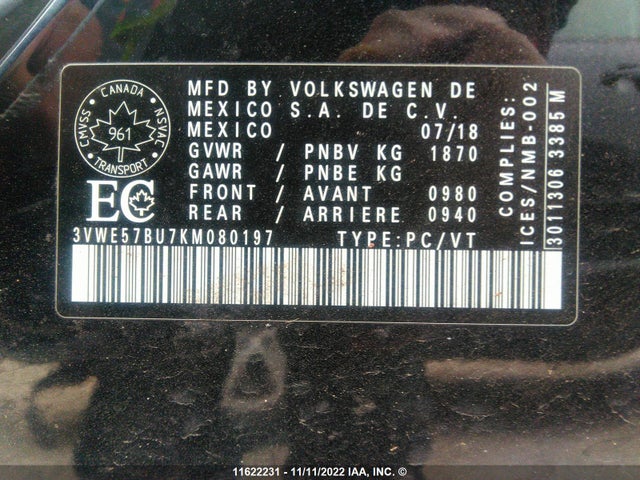 3VWE57BU7KM080197 Volkswagen JETTA SEL