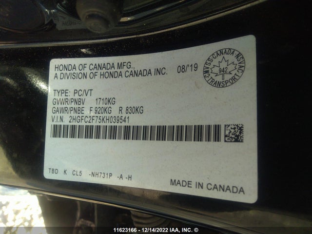 Honda Civic 2019 2HGFC2F75KH039541 Image 9