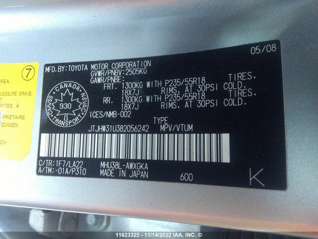 JTJHW31U382056242 Lexus RX 400H