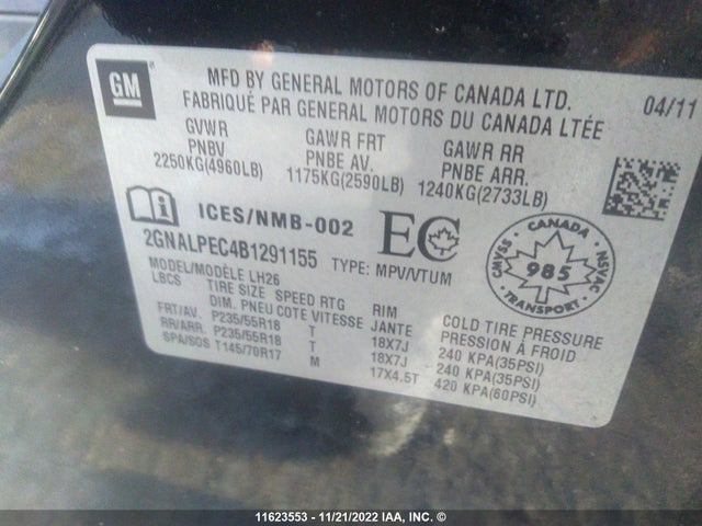 Chevrolet EQUINOX 2011 2GNALPEC4B1291155 Image 10