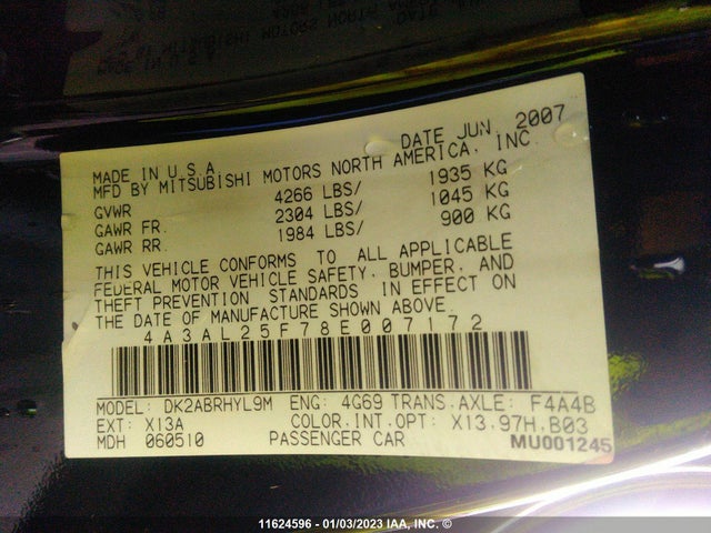 4A3AL25F78E007172 Mitsubishi Eclipse