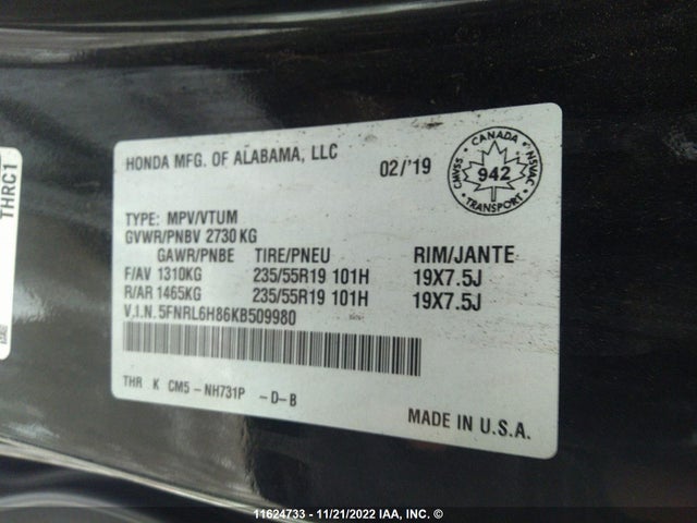 Honda Odyssey Touring 2019 5FNRL6H86KB509980 Image 9