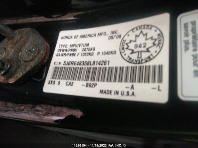 Honda CR-V LX 2008 5J6RE48358L814261 Image 10