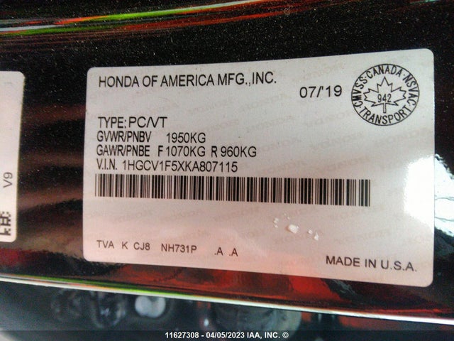 2019 Honda Accord Exl მანქანა იყიდება აუქციონზე, vin: 1HGCV1F5XKA807115, აუქციონის ნომერი: 11627308