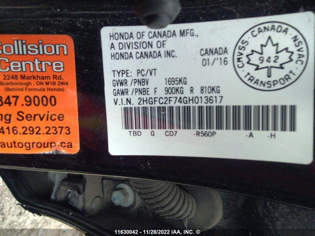 Aukcja sprzedaży 2016 Honda Civic Ex, vin: 2HGFC2F74GH013617, numer aukcji: 11630042