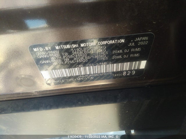 JA4J4UA86NZ619378 Mitsubishi Outlander