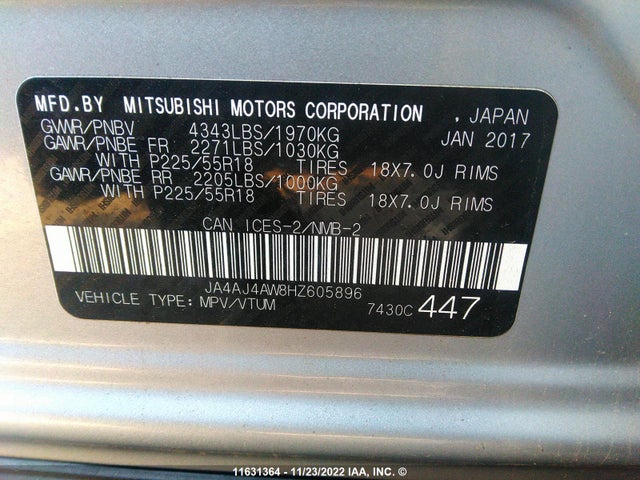 JA4AJ4AW8HZ605896 Mitsubishi Rvr Se Limited/gt