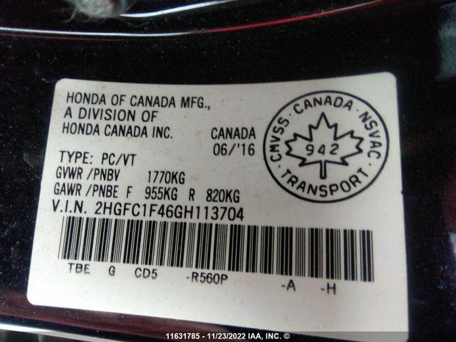 Honda CIVIC EX 2016 2HGFC1F46GH113704 Image 10
