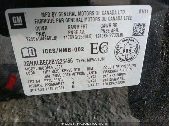 Chevrolet EQUINOX LS 2011 2GNALBEC0B1226466 Image 10