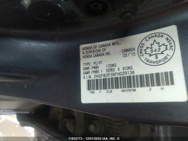 Honda Civic 2015 2HGFB2F59FH029134 Image 9