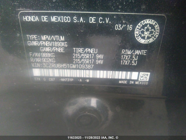 11633025 :رقم المزاد ، 3CZRU6H51GM109387 vin ، 2016 Honda Hr-v Ex مزاد بيع
