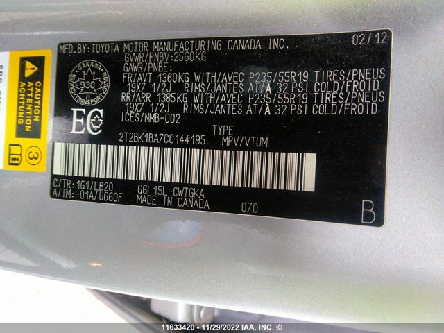 2T2BK1BA7CC144195 Lexus RX 350