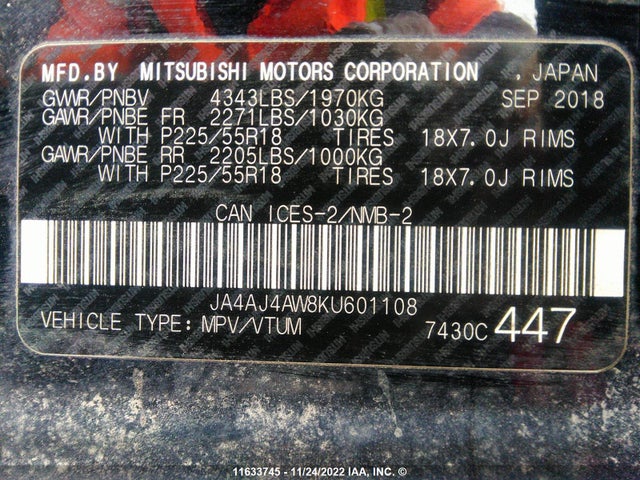 JA4AJ4AW8KU601108 Mitsubishi Rvr Se Limited/gt