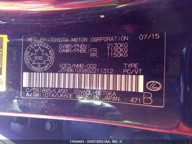 JTHBK1GG8G2211312 Lexus ES350