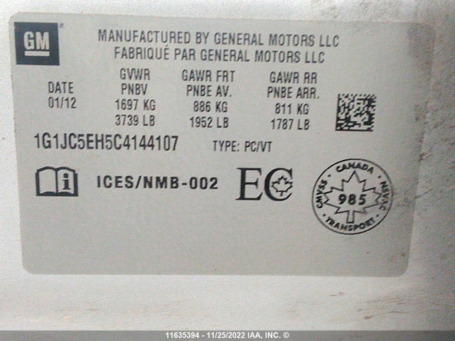 Chevrolet SONIC LT 2012 1G1JC5EH5C4144107 Image 10
