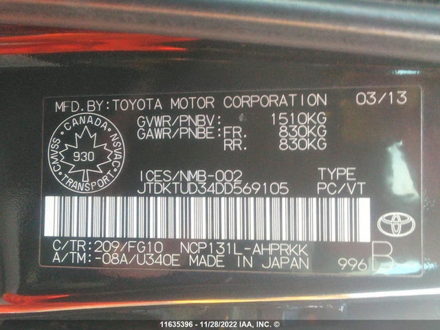 Toyota Yaris 2013 JTDKTUD34DD569105 Image 9
