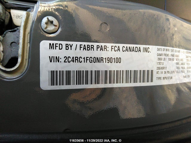 2C4RC1FG0NR190100 Chrysler Pacifica Touring