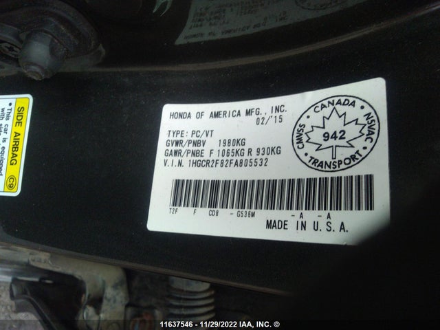 Honda ACCORD EXL 2015 1HGCR2F82FA805532 Image 9