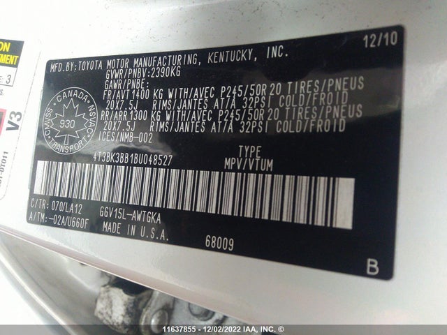 Toyota Venza 2011 4T3BK3BB1BU048527 Image 10