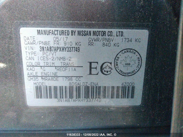 Продажа на аукционе авто 2017 Nissan Sentra S/sv/sr/sl, vin: 3N1AB7APXHY337749, номер лота: 11638333
