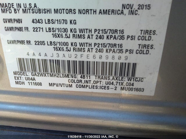 4A4AJ3AU2FE609809 Mitsubishi RVR SE