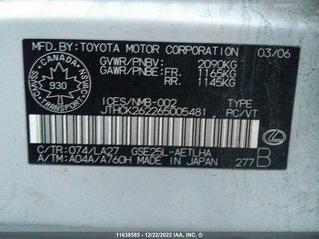 JTHCK262265005481 Lexus IS 250