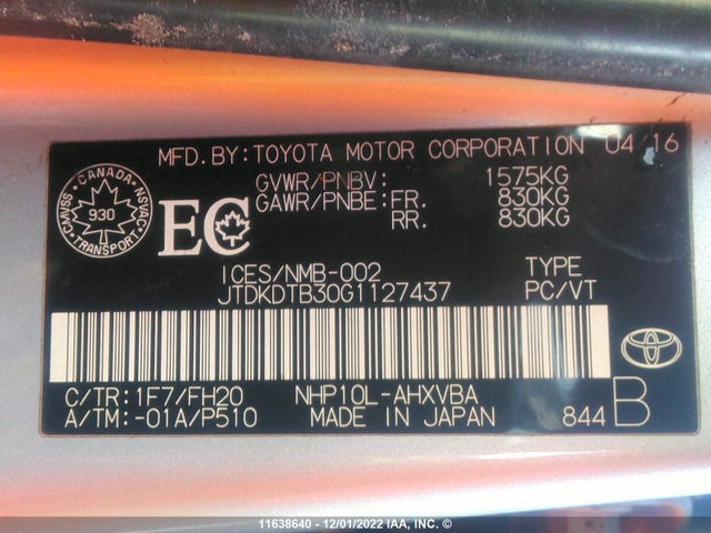 Toyota PRIUS C 2016 JTDKDTB30G1127437 Image 10