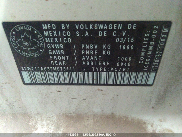 3VW217AU8FM078111 Volkswagen Golf