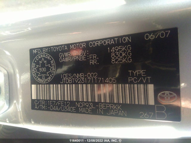 Toyota Yaris 2007 JTDBT923171171405 Image 10