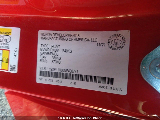 Honda CIVIC 2022 19XFL1H80NE400771 Image 10