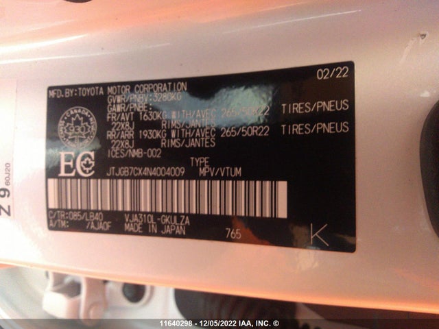 JTJGB7CX4N4004009 Lexus Lx 600 Base/600 Premium/600