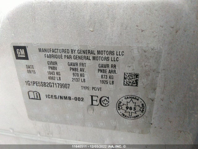 Chevrolet CRUZE LT 2016 1G1PE5SB2G7179907 Image 9