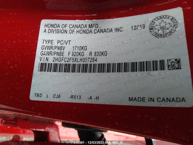 Продаж на аукціоні авто 2020 Honda Civic, vin: 2HGFC2F5XLH007264, номер лоту: 11640581