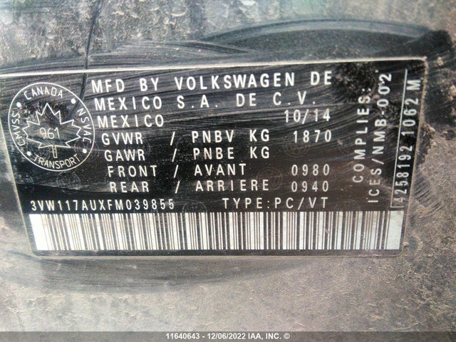 3VW117AUXFM039855 Volkswagen GOLF