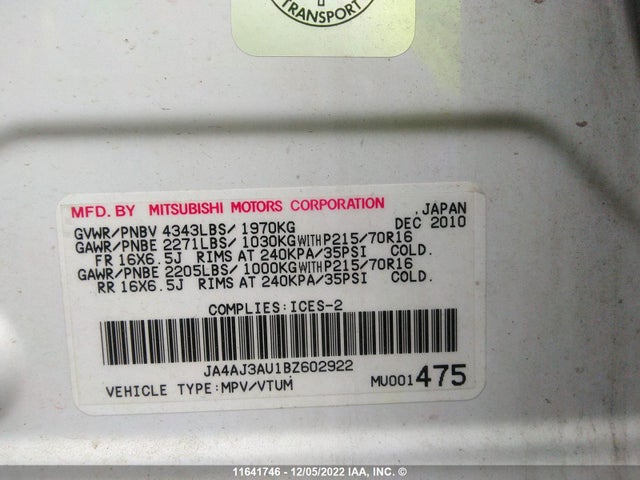 JA4AJ3AU1BZ602922 Mitsubishi RVR SE
