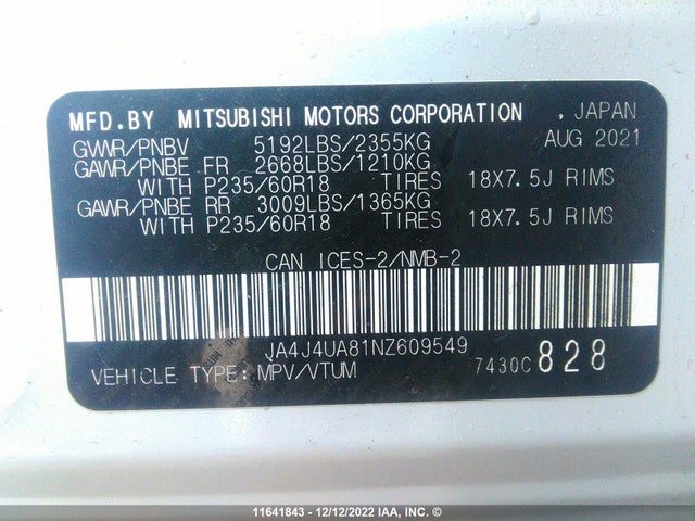 JA4J4UA81NZ609549 Mitsubishi Outlander Se/black Edition