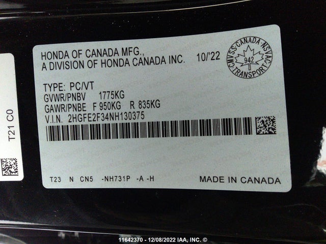 Honda CIVIC EX 2022 2HGFE2F34NH130375 Image 10
