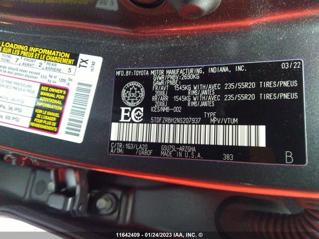 Toyota HIGHLANDER 2022 5TDFZRBH2NS207937 Image 10