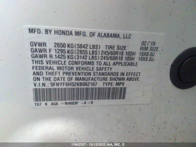 Honda PILOT EXL 2019 5FNYF6H52KB062167 Image 9